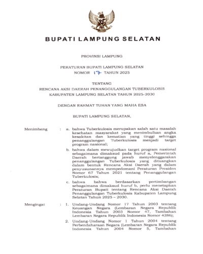 Rencana Aksi Daerah Penanggulangan Tuberkulosis Kabupaten Lampung Selatan Tahun 2025-2030