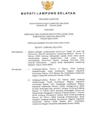Rencana Aksi Daerah Kabupaten Layak Anak Kabupaten Lampung Selatan Tahun 2025-2029